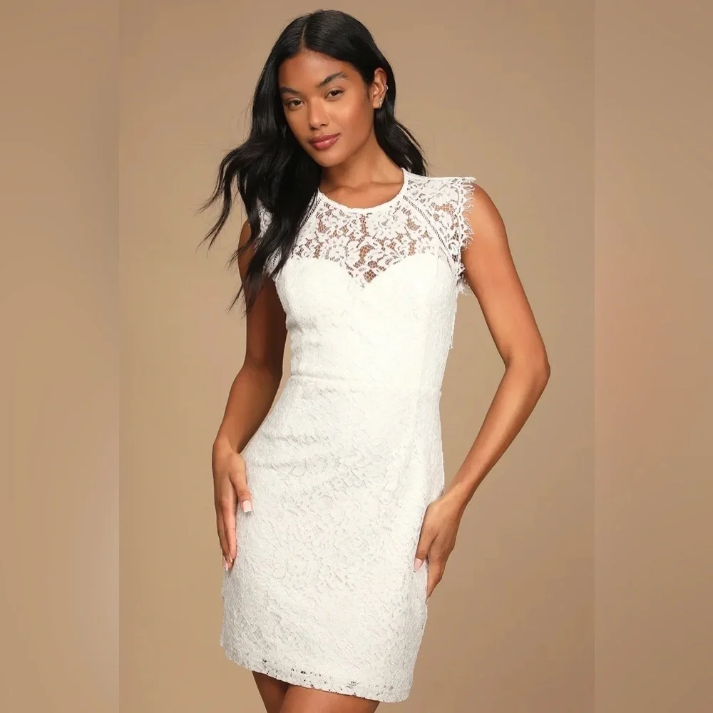Lulu’s Truly Elegant White Eyelash Lace Backless Bodycon Mini Dress size medium